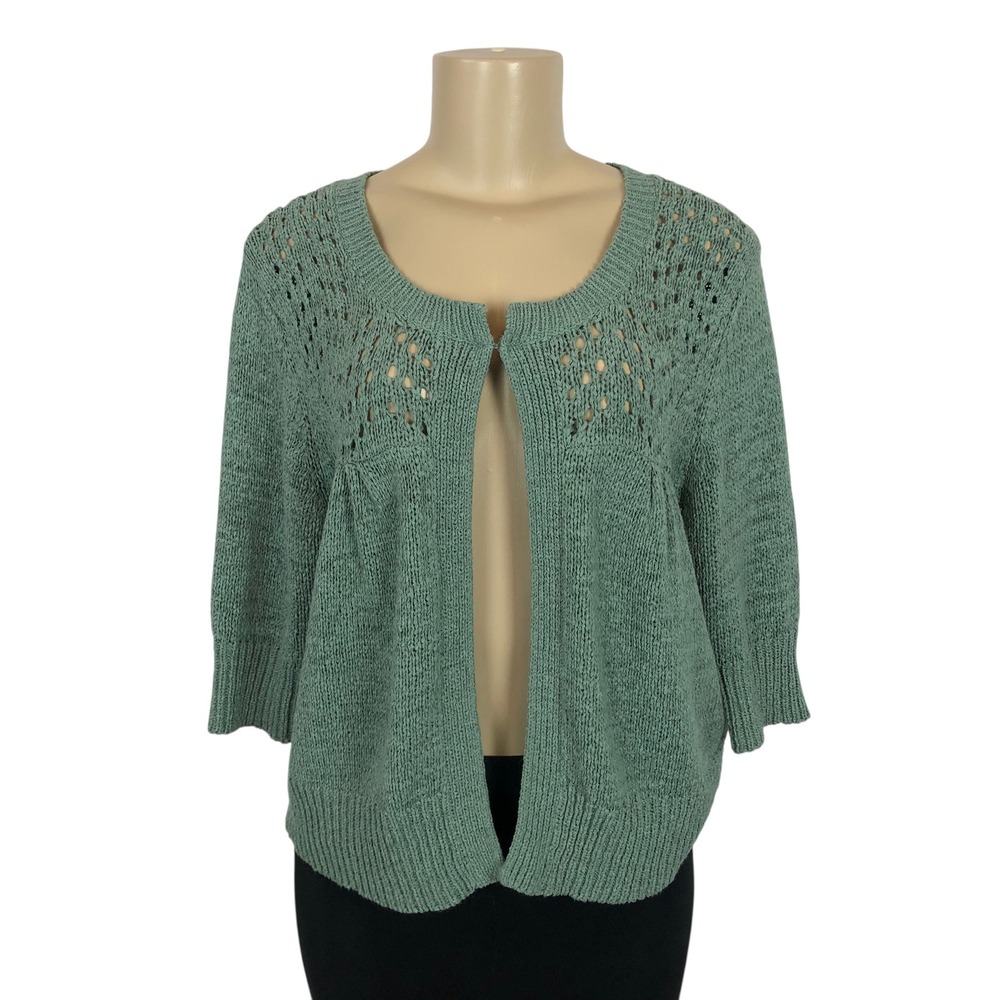 August Silk Open Knit Crochet Cardigan Sweater 3/4 Sleeve Open Front Medium Sage